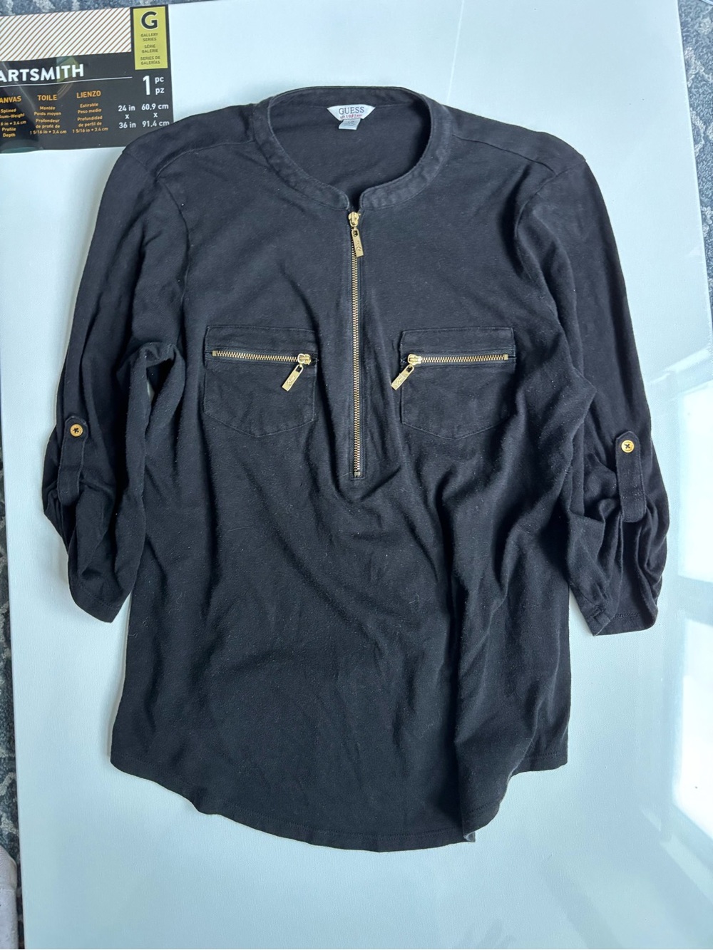 GUESS Black Zip Pocket Blouse Top L